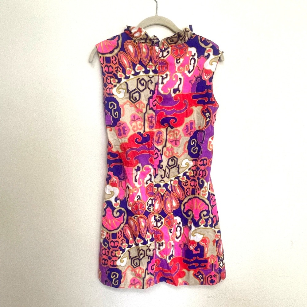 Vintage 60s mini dress Psychedelic Abstract Ruffle Neck Empire Waist Purple Pink - Picture 4 of 13